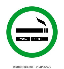 smoking and vaping allowed, cigarette and vape in green circle pictogram, round vector icon