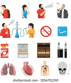 Smoking vaping shisha hookah products accessories ban signs and health risks flat icons collection isolated vector illustration 