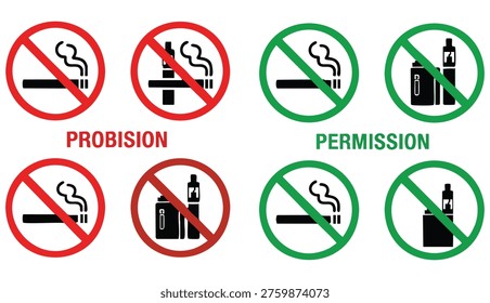 Smoking and vaping signs icon set. No smoking and smoking allowed signs with cigarette and e cigarette symbols. Prohibition and permission signs for public places. Tobacco and vaping rules.