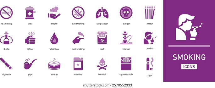 Smoking vector icon set. with  man smoking, lighter, lung cancer, ashtray, addiction, smoke and more solid collection