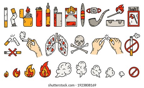 Smoking vector icons set in doodle style, hand drawing. The concept of bad habits with tobacco, lighters and Cigarettes