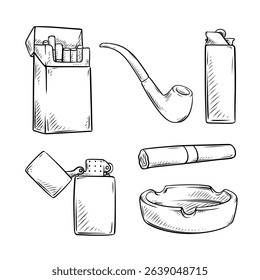 smoking vector line art hand drawn illustration set collection