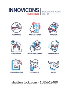 Smoking - Vector Line Design Style Icons Set. Negative Effects Idea. Prohibition Sign, Waste Of Money, Addiction, Lung Damage, Secondhand Smoke, Risks, Dental Problems, E-cigarette, Vaping Images