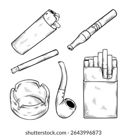 Conjunto de Vector de fumar colección con ilustración dibujada a mano de arte de línea