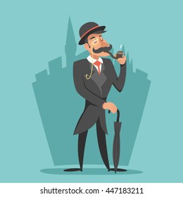 Smoking Victorian Gentleman Umbrella Cartoon Character Icon Stylish English City Background Retro Vintage Great Britain Design Vector Illustration