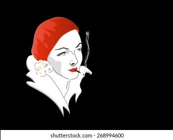 Smoking vintage lady vector drawing
