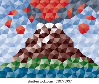 Smoking Volcano Fiery Eruption Illustration Composed of Relief Repeating Pentagon Shape and Based on Penrose Mosaic - Brown Green Grey and Red Elements on Blue Background - Flat Graphic Style