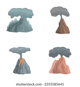 Smoking volcano icons set cartoon vector. Volcanic eruption with burning lava. Natural disaster