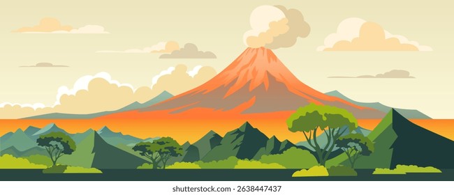 Smoking volcano on the background of beautiful nature. Vector illustration of an active volcano. Mountain landscape with trees, fields and hills on the background of a smoking volcano and clouds.
