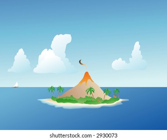 smoking volcano on a lush, verdant tropical island