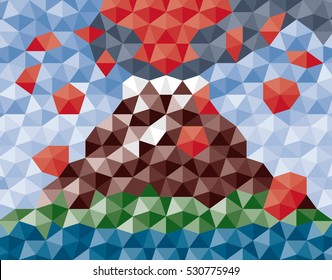 Smoking Volcano Plenty Fiery Eruption Illustration Composed of Relief Repeating Pentagon Shape and Based on Penrose Mosaic - Brown Green Grey and Red Elements on Blue Background - Flat Graphic Style