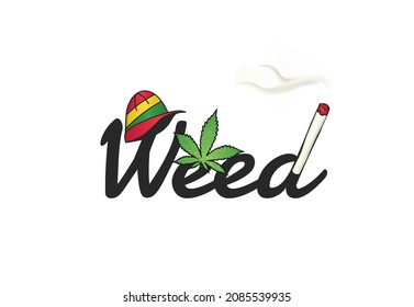 Smoking weed featuring creative lettering, cannabis leaf, cigarette joint and a hat