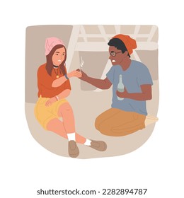 Ilustración vectorial de alga humeante aislada. Adolescentes hipster disfrutando de maleza fumeante, malos hábitos de los adolescentes, adicción a la cannabis, amigos que comparten caricaturas de vectores de alcohol en coco y alcohol.