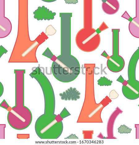 Smoking weed seamless vector pattern. Bongs for smoking cannabis pattern. Bongs of different shapes and colors. Marijuana buds.