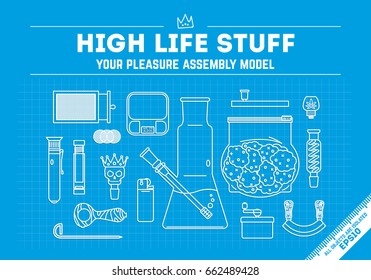 Smoking weed theme, vector illustration, poster . "High life stuff" series. 16 different objects. line art style. isolated objects. EPS 10.