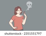 Smoking woman with cigarette in hand stands near skull made smoke, symbolizing death from nicotine. Smoking girl uses tobacco and is at risk of getting cancer due to addiction and harmful lifestyle
