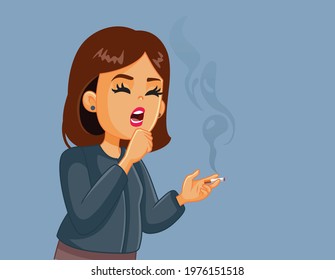 Smoking Woman Coughing Vector Illustration. Young adult suffering from bronchitis and asthma attacks due to harmful unhealthy habits
