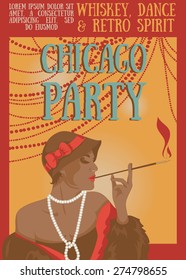 Smoking woman in retro style on Chicago party poster, vector illustration