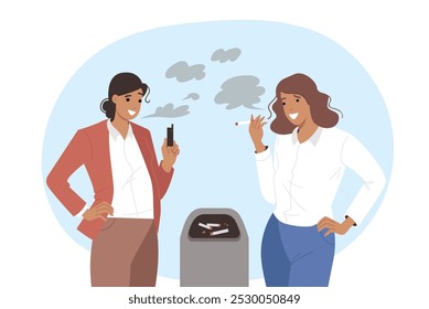 Smoking women use tobacco cigarettes or vape device, standing near garbage can. Two positive smoking girls discussing new alternative to nicotine, which causes cancer and lung disease