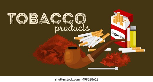 Smoking wooden pipe with nicotine tobacco for rolled cigarette and pack equipment, unhealthy lifestyle concept or online shop vector illustration