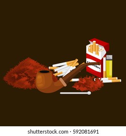 Smoking wooden pipe with tobacco for rolled cigarette and pack smoke equipment vector illustration