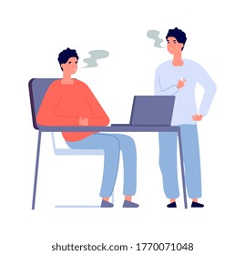 Smoking workers. Two smokers talking together. Isolated boys with cigarettes, friends with drug nicotine addiction vector characters