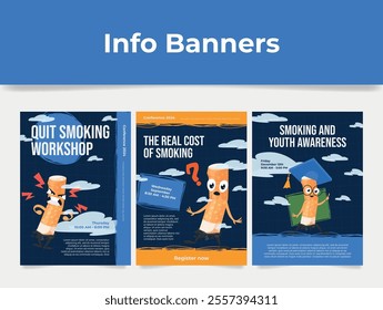 Smoking workshop awareness advertising poster design template set isometric vector illustration. Healthcare smoke conference tobacco product issues with cartoon cigarette character