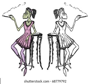 Smoking zombie ballet dancer, who is really tired. Colored and black and white versions on different layers.