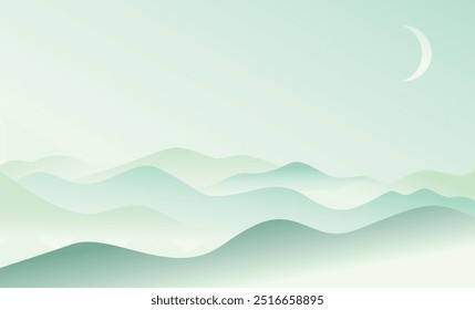 smoky or dewy mountain wallpaper with a crescent moon above it in shades of green 