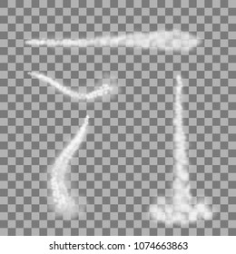 Efecto humeante después del lanzamiento del cohete. Humo, vapor sobre fondo transparente. Aviones, sendero de condensación. Ilustración vectorial.