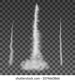 Smoky effect after rocket launch. Smoke, steam on transparent background. Aircraft, condensation trail. Vector illustration.