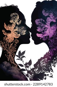 smoky effusion double exposure silhouette of two beautiful mixed race women kissing and embracing lovingly lotus, crocus, orchid blossoms and wildflowers