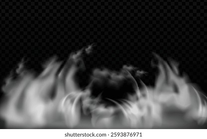 Smoky Fog Vector: White Cloud Plume, Dark Checkered Background, Diffuse Texture, Ethereal Effect, Atmospheric Scene, Realistic Rendering, Transparent Element, Dramatic Composition, Swirling Smoke.