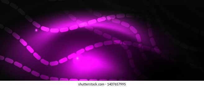 Smoky glowing waves in the dark. Dark abstract background with neon color light and wavy lines