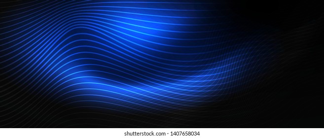 Smoky glowing waves in the dark. Dark abstract background with neon color light and wavy lines