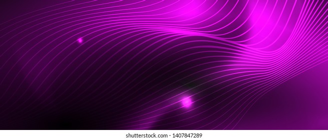 Smoky glowing waves in the dark. Dark abstract background with neon color light and wavy lines