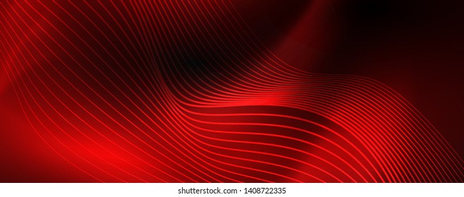 Smoky glowing waves in the dark. Dark abstract background with neon color light and wavy lines