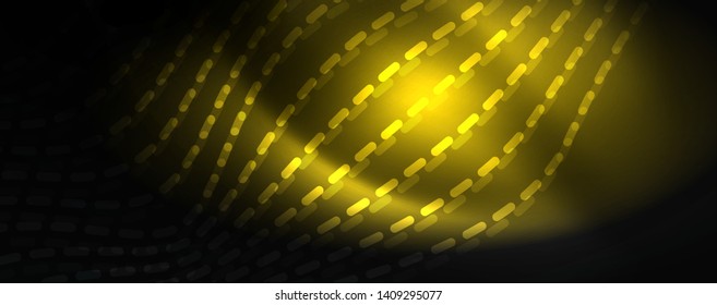 Smoky glowing waves in the dark. Dark abstract background with neon color light and wavy lines