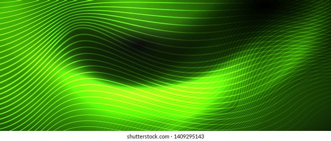 Smoky glowing waves in the dark. Dark abstract background with neon color light and wavy lines
