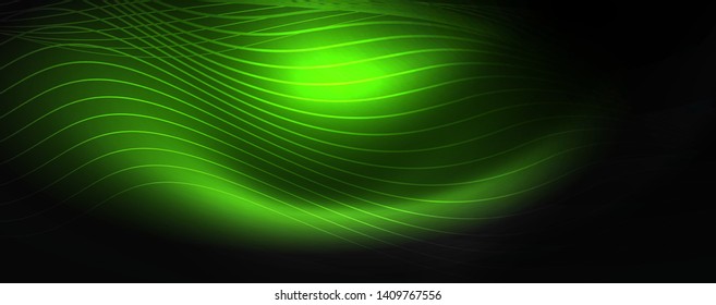 Smoky glowing waves in the dark. Dark abstract background with neon color light and wavy lines