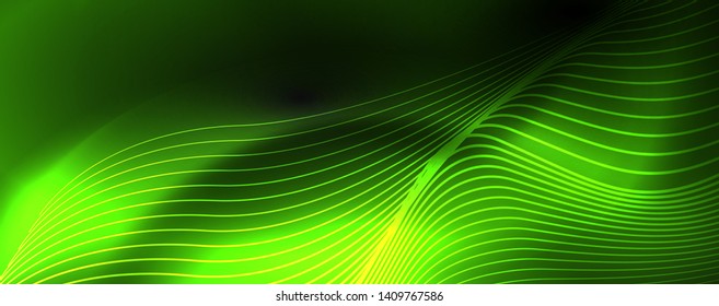 Smoky glowing waves in the dark. Dark abstract background with neon color light and wavy lines