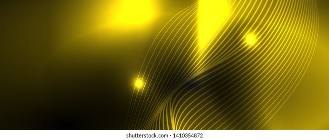 Smoky glowing waves in the dark. Dark abstract background with neon color light and wavy lines