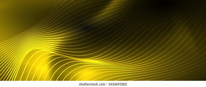 Olas húmedas y brillantes en la oscuridad. Fondo abstracto oscuro con luz de color neón y líneas onduladas