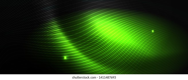Smoky glowing waves in the dark. Dark abstract background with neon color light and wavy lines