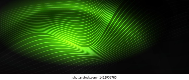 Smoky glowing waves in the dark. Dark abstract background with neon color light and wavy lines