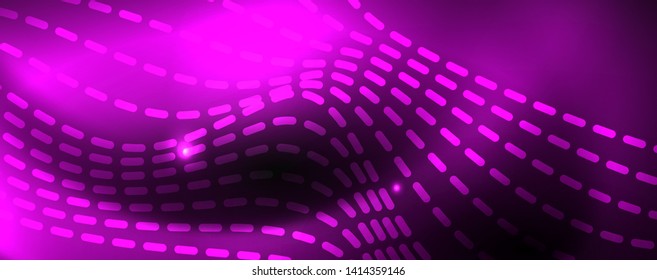 Smoky glowing waves in the dark. Dark abstract background with neon color light and wavy lines