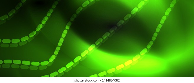 Smoky glowing waves in the dark. Dark abstract background with neon color light and wavy lines