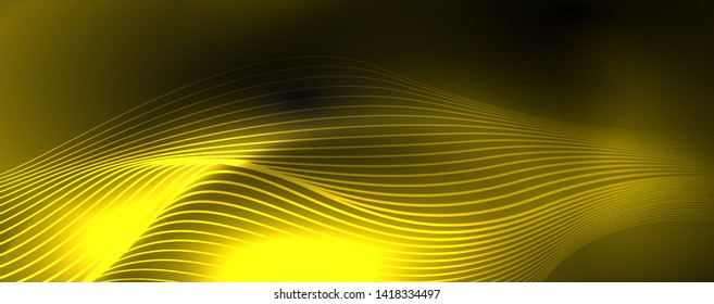Smoky glowing waves in the dark. Dark abstract background with neon color light and wavy lines