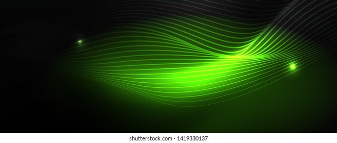 Smoky glowing waves in the dark. Dark abstract background with neon color light and wavy lines