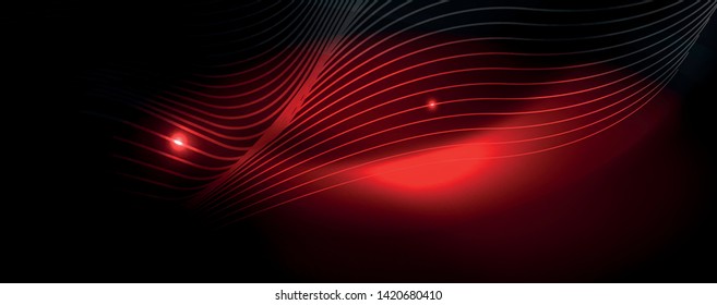 Smoky glowing waves in the dark. Dark abstract background with neon color light and wavy lines